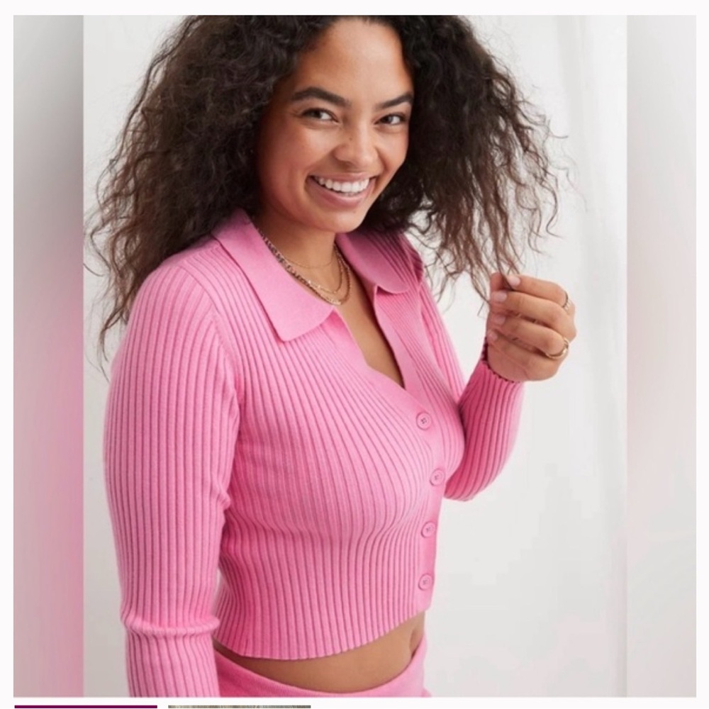Aerie Pink Ribbed Collared Sweater